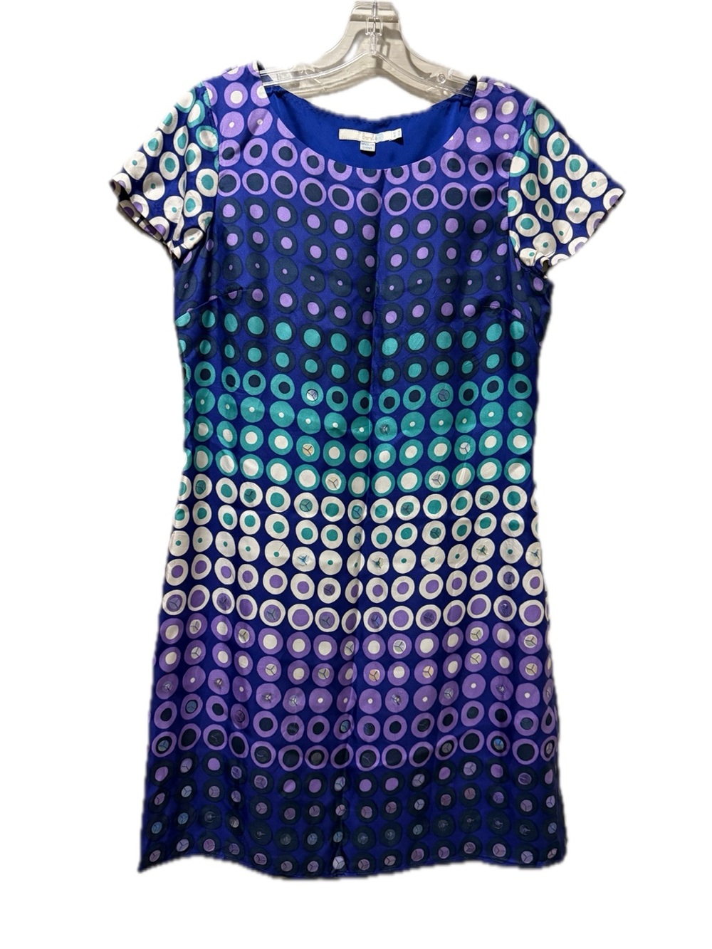 Boden 100% Silk Size 8 Purple Blue Geo Gem Shift Dress Short Sleeve Mini B11